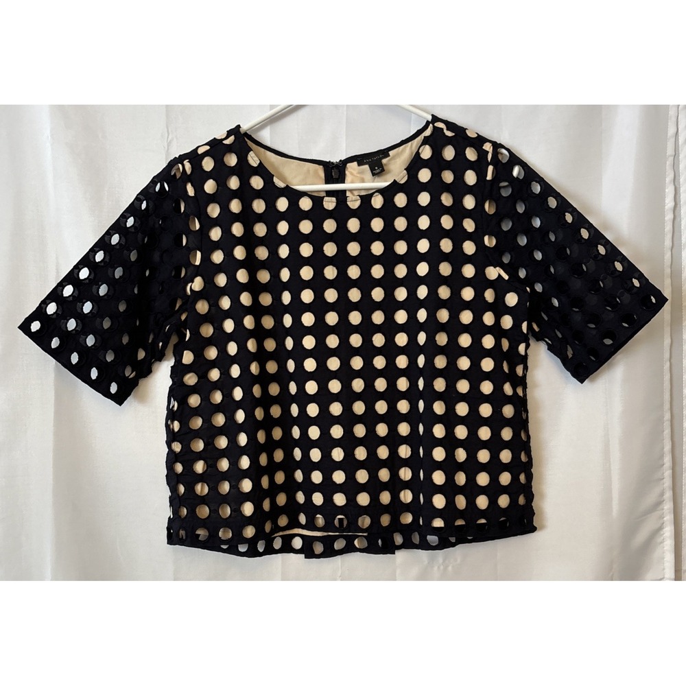 ANN‎ TAYLOR Geo Eyelet Blouse Size S Black/Cream